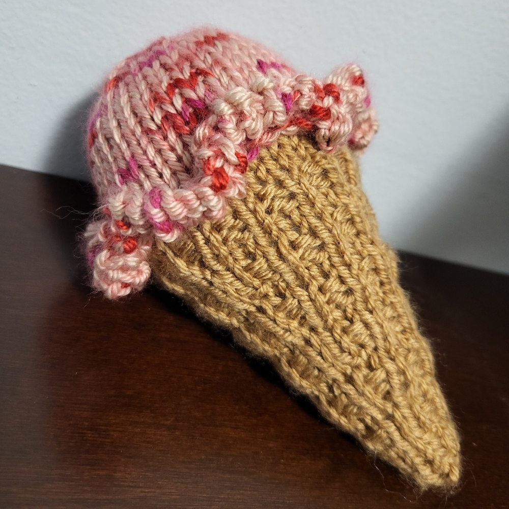 Hand Crafted knit ice cream cone pink and tan - Picture 3 of 4